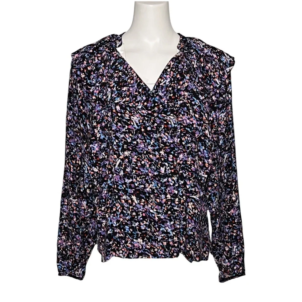 Joie Raquel Ditsy Floral Blouse Size M Black Caviar Multi V-Neck Viscose Ruffle